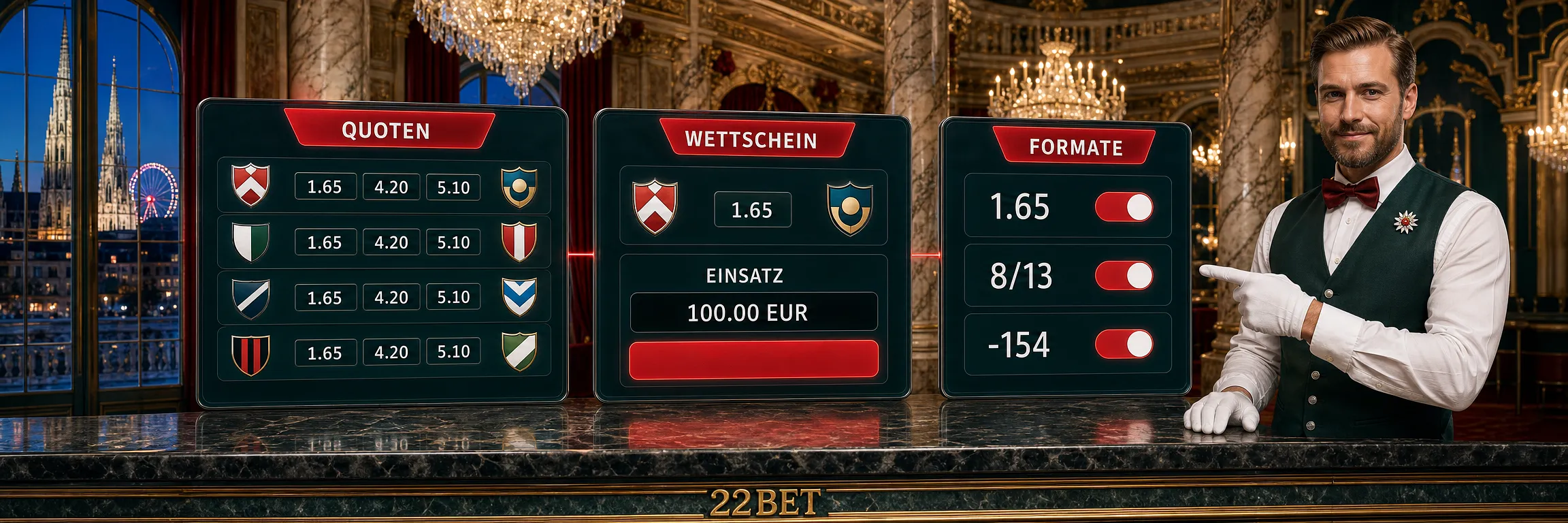 Wettschein von 22Bet mit Quotenformaten, Einsatzfeld und möglichem Ertrag